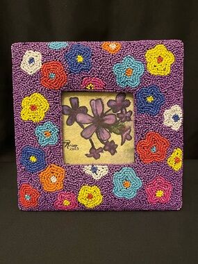 Purple Beaded Floral Picture Frame with Multicolor Flowers and 2013 Art by Rico